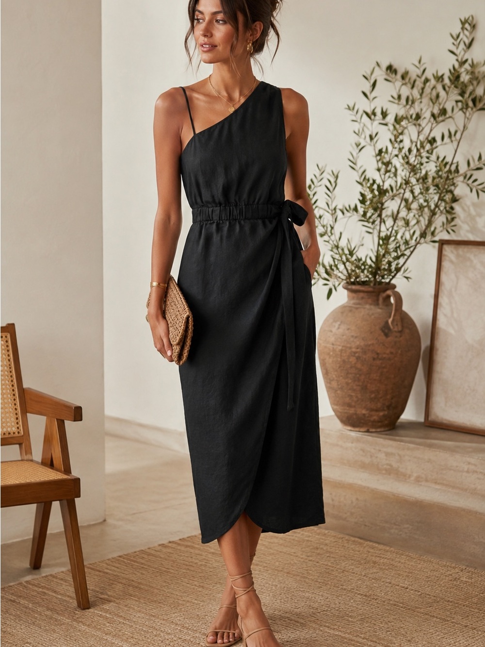 By Anthropologie One Shoulder Linen Wrap Dress Black 6P Petite Midi - Picture 1 of 10